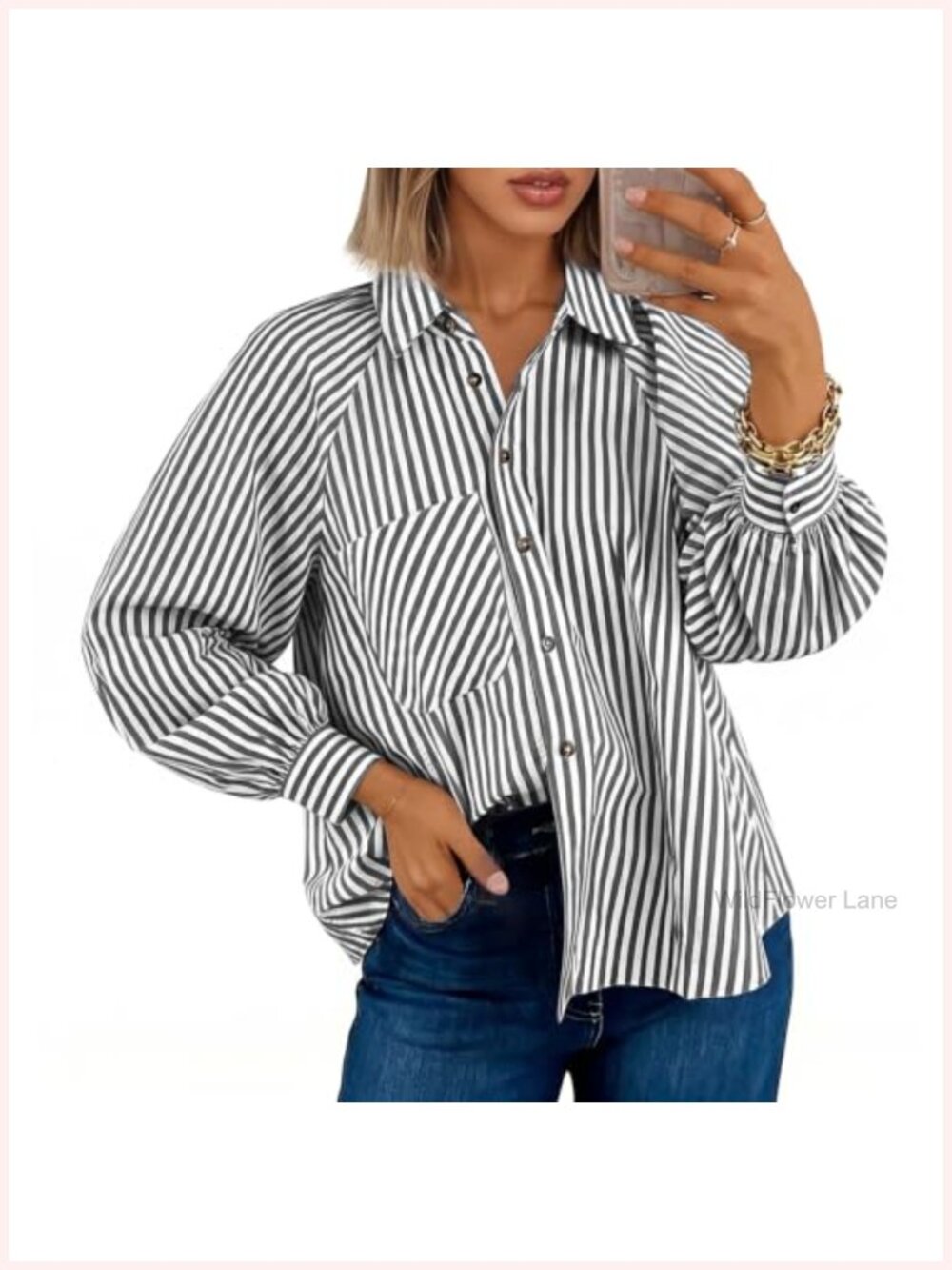 Women's Striped V-Neck Puff Sleeve Button Down Blouse Long Sleeve Polyester